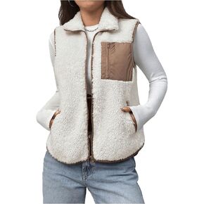 Verdusa Women's Colorblock Fuzzy Fleece Zip Up Vest Stand Collar Sleeveless Jacket Outerwear