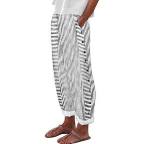 KKONION Women's Linen Pants Gauze Pant : Baggy Sweatpants Side Button Trousers Casual Comfy Work Pantsuit with Pocket