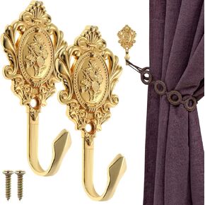Cabilock 2 Pcs Curtain Holdbacks - Vintage Decorative Window Drapery Tiebacks, Curtain Tieback Rose Flower Drapery Hooks Coat Hooks for Walls Home Key Towel (Golden)