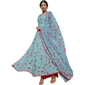 Janasya Indian Women's Sea Green Georgette Floral Print Kurta with Flared Palazzo and Dupatta
