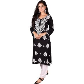 Women’s Hand Embroidered Chikankari Kurti - Traditional Lucknow Rayon Tunic Top, Round Neck, Straight Fit in White