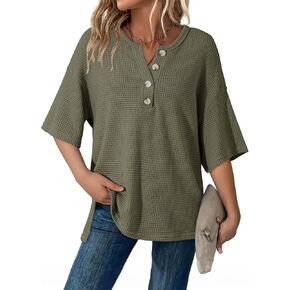 Dokotoo Womens Summer Tops Casual Waffle Knit Short Sleeve Henley Shirts Oversized 1/4 Button Neck Tunic Blouses in Saudi Arabia