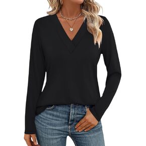 Womens V Neck Long Sleeve Shirts Dressy Casual Fall Tops Trendy Loose Tunic Tops Blouse