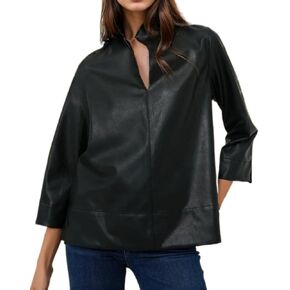 Women's Faux Leather Tops Mock V Neck 3/4 Sleeve Casual Loose Pleather Blouses