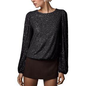 MISSACTIVER Womens Sparkly Sequin Tops Long Sleeve Crew Neck Glitter Blouses Loose Fit Club Night Out Shirt