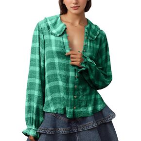 Women Plaid Button Down Long Puff Sleeve Blouse Color Block Loose Lapel Collar Y2k Babydoll Shirts Top