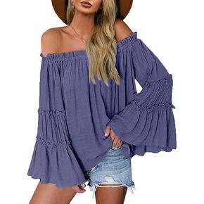 Womens Off The Shoulder Long Bell Sleeve Tops Flared Casual Loose Blouse