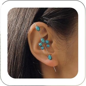 Boho Turquoise Ear Wrap Crawler Hook Earrings Silver Statement Long Bar Cartilage Piercing Earrrings Vintage Blue Birthstone Flower Climber Ear Cuff Jewelry for Women (Style2)