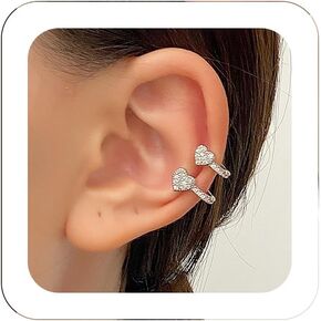 Heart Ear Cuff Earrings Simple Tiny Silver Pave Crystal Wrap Earrings Sweet Double Heart Shape Rhinestone Cartilage Clip Non-Piercing Trendy Jewelry Gifts for Women