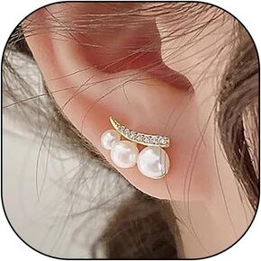 Dainty 14K Gold Layered Pearl Earrings,Cute Pierced Crystal Cuff Hoop Earrings,Trendy Clip On Huggie Earrings Jewelry Gifts for Women