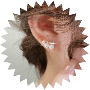 Vintage Crystal Pearl Ear Climber Earrings Gold Cz Pearl Crawler Stud Earrings Small Cz Climber Crawler Earrings Tiny Cluster Pearl Earrings Jewelry for Women