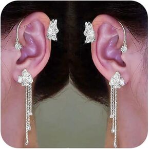 Butterfly Ear Cuff Earrings Sparkly Silver Butterfly Flower Tassle Ear Wrap Earrings Fairy Right Left No Piercing Ear Clip On