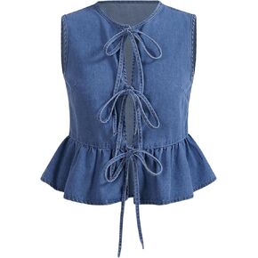 MakeMeChic Women's Plus Size Denim Vest Bowknot Crew Neck Sleeveless Ruffle Hem Y2K Jean Vest Jacket