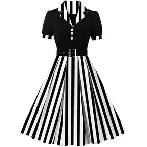 ODIZLI Women's 1950s Retro Dress Short Sleeve Notched Lapel Polka Dot Stripe Swing Dress with Belt Cocktail Dress