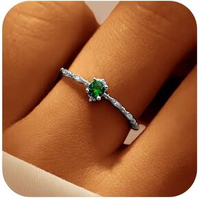 Emerald Green Engagement Ring for Women, 925 Sterling Silver Dainty Green Birthstone Ring to Daughter 14K Gold Plated CZ Promise Ring for Her Christmas Valentine's Day Birthdays Jewelry Gift