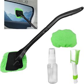 Car Windshield Cleaning Tool, Car Glass Cleaner with Detachable Long Handle, Auto Window Wiper Cleaning Kit with 2 Reusable Microfiber Cloth Pads, 1 Air Vent Cleaner and 1 Spray Bottle