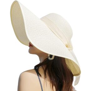 Womens Big Bowknot Straw Hat Wide Brim Sun Protection Straw Hat UPF 50 Summer Sun Hat Floppy Foldable Roll up Beach Cap