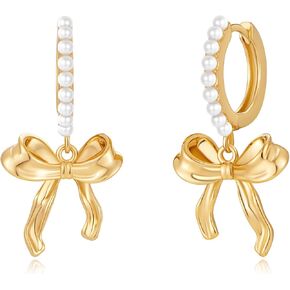 Gold Pearl Bow Hoop Earrings - Coquette Ribbon Knot Dangle Drop Earrings Jewelry Gifts for Women