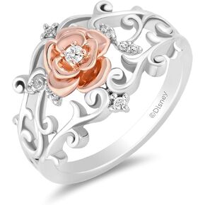 Jewelili Enchanted Disney Fine Jewelry 14K Rose Gold over Sterling Silver with 1/10 CTTW Diamond Belle Filigree Ring Size 7