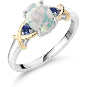 Gem Stone King 1.09 Cttw Oval Cabochon White Simulated Opal and Blue Created Sapphire 925 Silver and 10K Yellow Gold Engagement Ring For Women | Gemstone Birthstone | Available In Size 5, 6, 7, 8, 9
