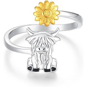 BEILIN Highland Cow Rings 925 Sterling Silver Adjustable Cute Cow Finger Ring Sunflower Cow Jewelry Gifts for Women