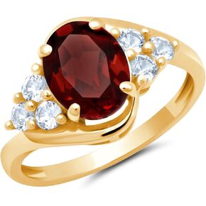 MAX + STONE Red Garnet Oval Sunburst Halo Ring for Women in 10k Yellow Gold with Created White Sapphire and January Birthstone Anniversary Ring Size 9