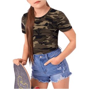 WDIRARA Girl's Camo Print Short Sleeve T Shirt Crew Neck Tee Casual Top