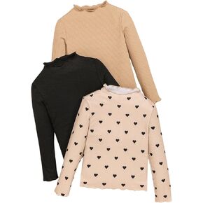 MakeMeChic Girl's Lettuce Trim Mock Neck Shirt 3 Pack Long Sleeve Rib Knitted Tee Tops