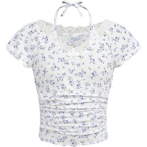 Girl's Ditsy Floral Print Bow Lace T Shirt Short Sleeve Halter V Neck Ruched Tee Shirt