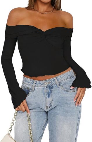 Off The Shoulder Tops for Women Long Sleeve Crop Blouses Twist Front Lettuce Trim Y2K Going Out Shirts in Kuwait