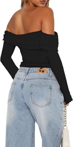 Off The Shoulder Tops for Women Long Sleeve Crop Blouses Twist Front Lettuce Trim Y2K Going Out Shirts in Kuwait