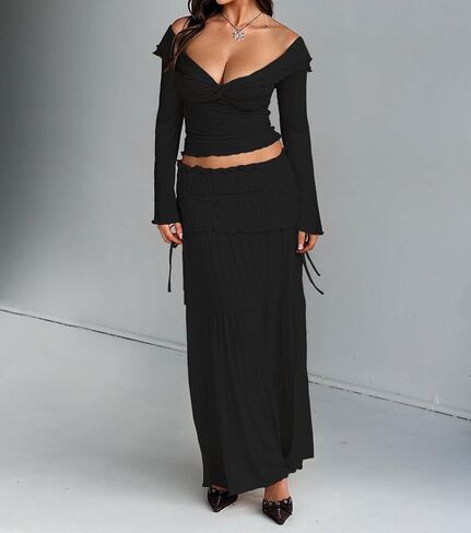 Off The Shoulder Tops for Women Long Sleeve Crop Blouses Twist Front Lettuce Trim Y2K Going Out Shirts in Kuwait