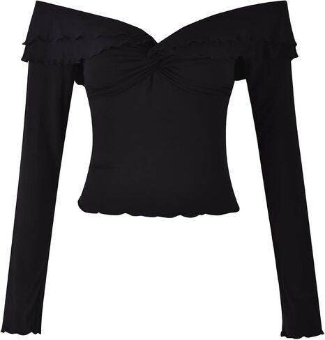 Off The Shoulder Tops for Women Long Sleeve Crop Blouses Twist Front Lettuce Trim Y2K Going Out Shirts in Kuwait