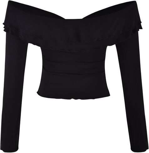 Off The Shoulder Tops for Women Long Sleeve Crop Blouses Twist Front Lettuce Trim Y2K Going Out Shirts in Kuwait