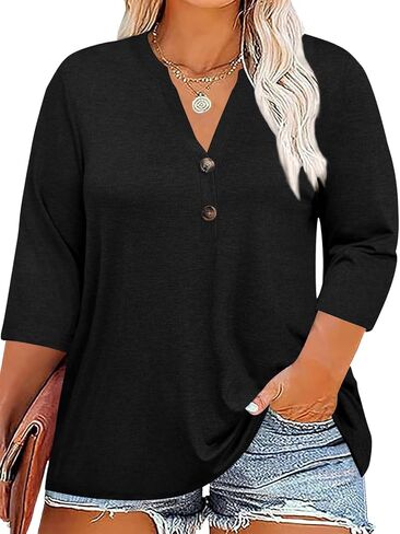 Chulianyouhuo Womens Plus Size 3/4 Sleeve Tops Casual V Neck Button Tee Shirts Basic Loose Fit Tunic Blouse in Kuwait