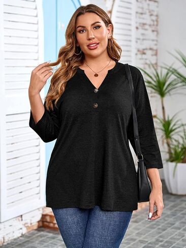 Chulianyouhuo Womens Plus Size 3/4 Sleeve Tops Casual V Neck Button Tee Shirts Basic Loose Fit Tunic Blouse in Kuwait