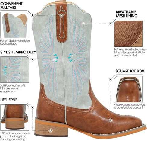 SheSole Women's Cowboy Boots Square Toe Cowgirl Boots Wide Calf Fashion Western Boots in Kuwait