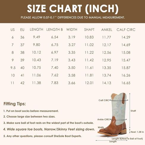 SheSole Women's Cowboy Boots Square Toe Cowgirl Boots Wide Calf Fashion Western Boots in Kuwait