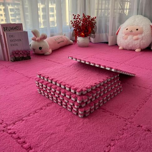Interlocking Carpet Shaggy Soft EVA Foam Mats Fluffy Area Rugs Protective Floor Tiles Exercise Play Mat for Children Kids Room Home Parlor Bedroom 12 pcs (Rose, 12) in Kuwait