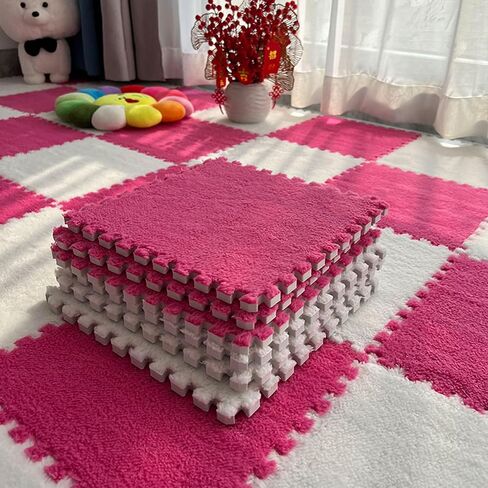 Interlocking Carpet Shaggy Soft EVA Foam Mats Fluffy Area Rugs Protective Floor Tiles Exercise Play Mat for Children Kids Room Home Parlor Bedroom 12 pcs (Rose, 12) in Kuwait