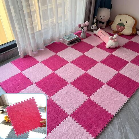 Interlocking Carpet Shaggy Soft EVA Foam Mats Fluffy Area Rugs Protective Floor Tiles Exercise Play Mat for Children Kids Room Home Parlor Bedroom 12 pcs (Rose, 12) in Kuwait