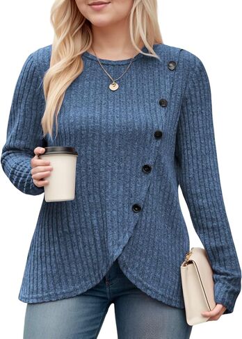 DOLNINE Womens-Plus-Size-Tops Casual Long Sleeve Shirts Trendy Button Side Split Fall Cute Tunic Sweatshirts XL-5XL in Kuwait