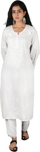 Women’s Hand Embroidered Chikankari Kurti - Traditional Lucknow Rayon Tunic Top, Round Neck, Straight Fit in White in Saudi Arabia