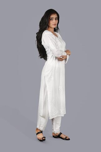 Women’s Hand Embroidered Chikankari Kurti - Traditional Lucknow Rayon Tunic Top, Round Neck, Straight Fit in White in Saudi Arabia