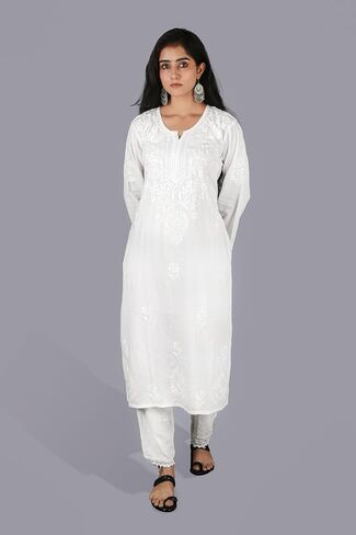 Women’s Hand Embroidered Chikankari Kurti - Traditional Lucknow Rayon Tunic Top, Round Neck, Straight Fit in White in Saudi Arabia