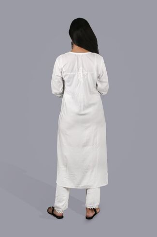 Women’s Hand Embroidered Chikankari Kurti - Traditional Lucknow Rayon Tunic Top, Round Neck, Straight Fit in White in Saudi Arabia