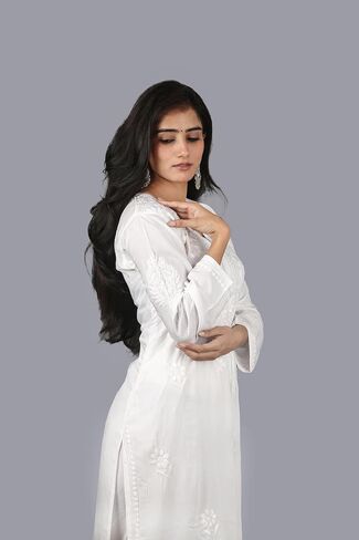 Women’s Hand Embroidered Chikankari Kurti - Traditional Lucknow Rayon Tunic Top, Round Neck, Straight Fit in White in Saudi Arabia