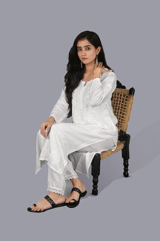 Women’s Hand Embroidered Chikankari Kurti - Traditional Lucknow Rayon Tunic Top, Round Neck, Straight Fit in White in Saudi Arabia