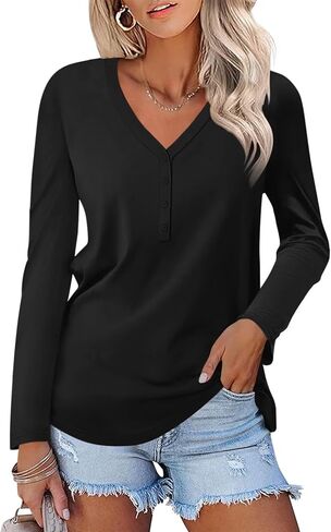 Minetom Women's Long Sleeve V Neck T Shirts Henley Tops Casual Shirts Blouses in Kuwait