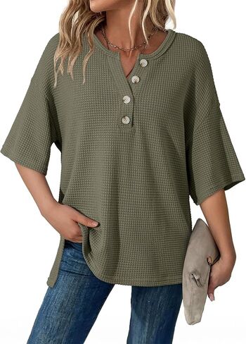 Dokotoo Womens Summer Tops Casual Waffle Knit Short Sleeve Henley Shirts Oversized 1/4 Button Neck Tunic Blouses in Saudi Arabia